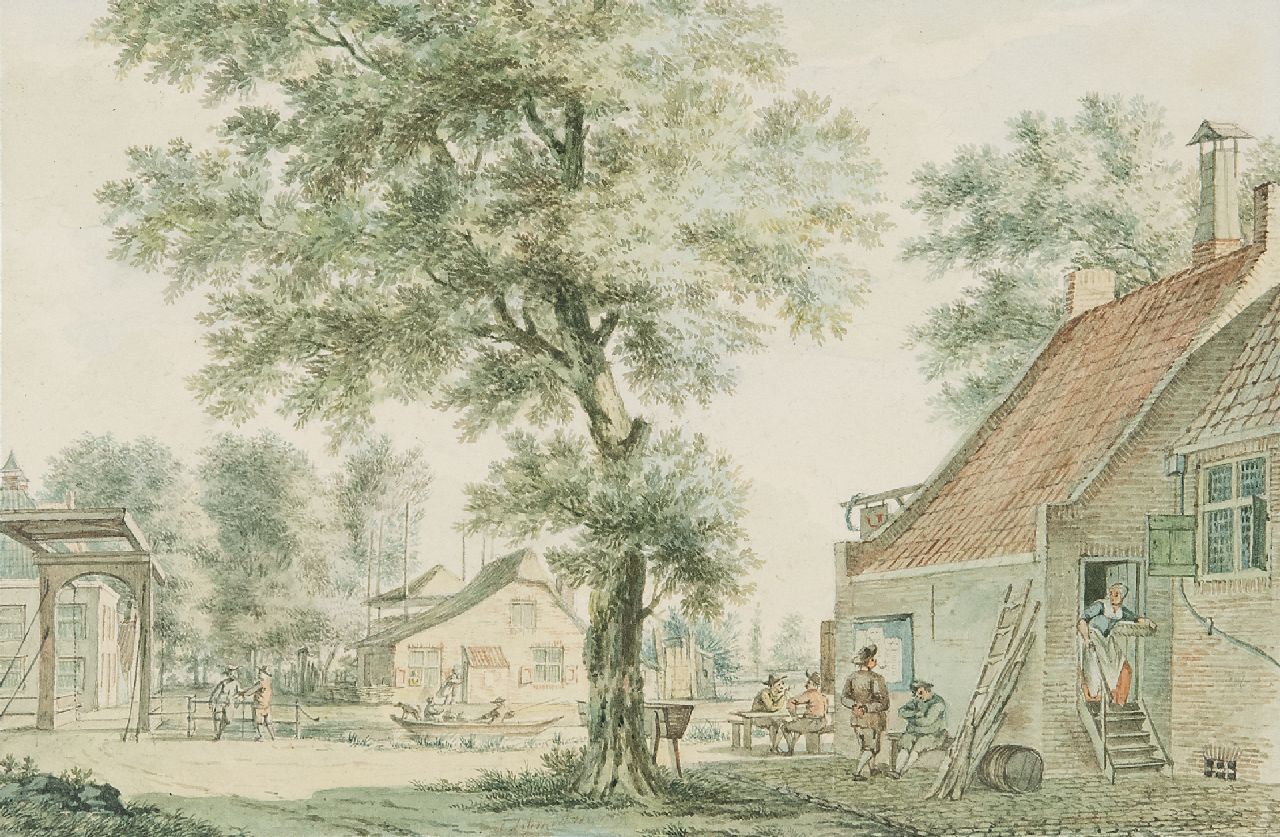 Schmidt I. | Izaäk Schmidt | Aquarellen en tekeningen te koop aangeboden | Dorpsgezicht met figuren bij een herberg, aquarel op papier 12,6 x 18,3 cm, gesigneerd verso Schmidt I. | Izaäk Schmidt | Aquarellen en tekeningen te koop aangeboden | Dorpsgezicht met figuren bij een herberg, aquarel op papier 12,6 x 18,3 cm, gesigneerd verso