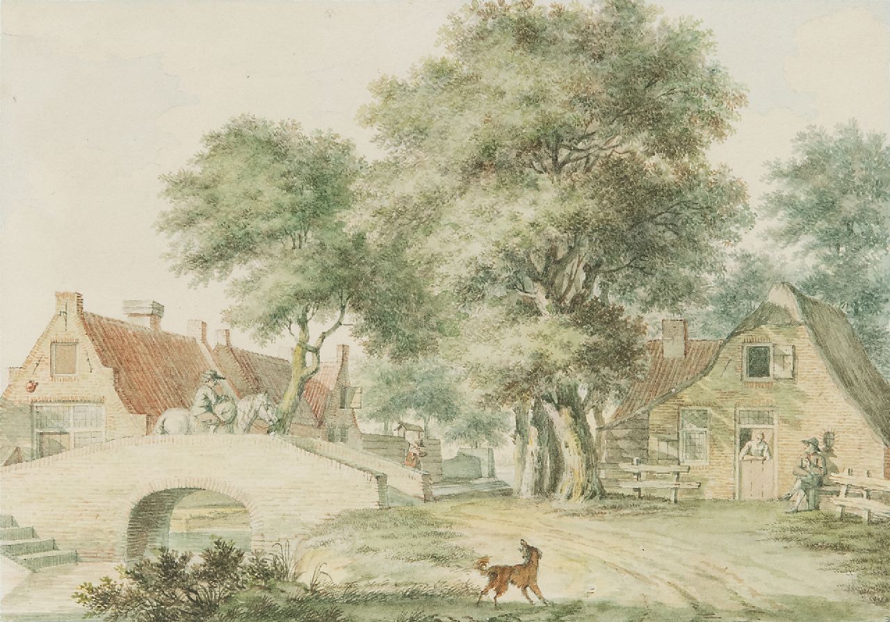 Schmidt I. | Izaäk Schmidt | Aquarellen en tekeningen te koop aangeboden | Dorpsgezicht met figuren bij een stenen brug, aquarel op papier 14,1 x 20,1 cm, gesigneerd verso Schmidt I. | Izaäk Schmidt | Aquarellen en tekeningen te koop aangeboden | Dorpsgezicht met figuren bij een stenen brug, aquarel op papier 14,1 x 20,1 cm, gesigneerd verso