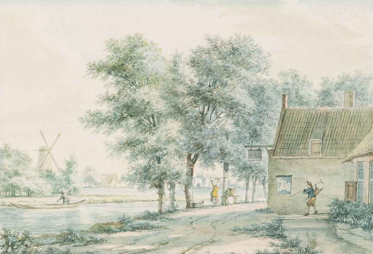 Schmidt I.  | Izaäk Schmidt | Aquarellen en tekeningen te koop aangeboden | Weg langs een vaart bij een herberg, aquarel op papier 12,0 x 17,5 cm, gesigneerd verso