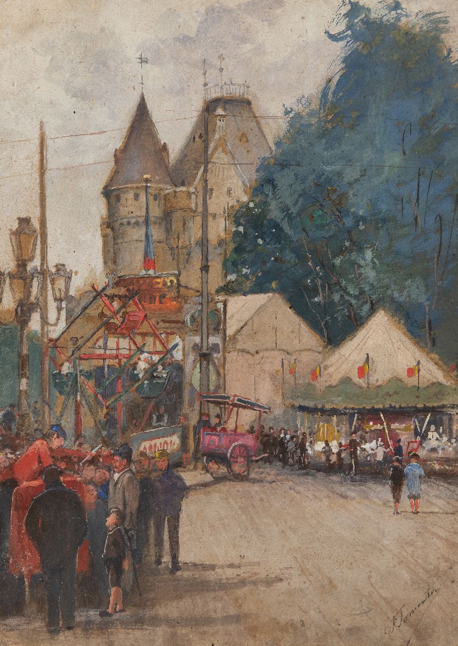 Jomouton F.  | Frédéric Jomouton | Aquarellen en tekeningen te koop aangeboden | Kermis bij Belgisch kasteel, aquarel op schildersboard 36,2 x 26,2 cm, gesigneerd rechtsonder