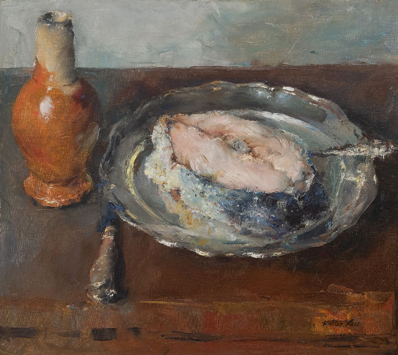 Vaes W. | Walter Vaes | Schilderijen te koop aangeboden | Moot vis op een tinnen bord, olieverf op doek 40,1 x 45,1 cm, gesigneerd rechtsonder Vaes W. | Walter Vaes | Schilderijen te koop aangeboden | Moot vis op een tinnen bord, olieverf op doek 40,1 x 45,1 cm, gesigneerd rechtsonder