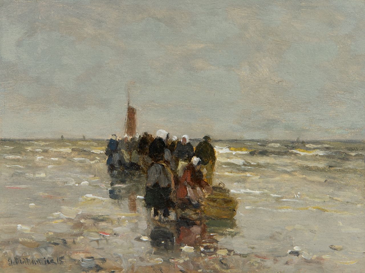 Munthe G.A.L. | Gerhard Arij Ludwig 'Morgenstjerne' Munthe, Visverkoopsters wachtend op het strand van Katwijk, olieverf op paneel 16,0 x 21,0 cm, gesigneerd linksonder en gedateerd '15 Munthe G.A.L. | Gerhard Arij Ludwig 'Morgenstjerne' Munthe, Visverkoopsters wachtend op het strand van Katwijk, olieverf op paneel 16,0 x 21,0 cm, gesigneerd linksonder en gedateerd '15