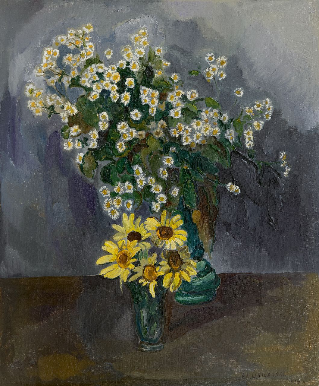 Filarski D.H.W.  | 'Dirk' Herman Willem Filarski | Schilderijen te koop aangeboden | Stilleven met margrieten en zonnebloemen, olieverf op doek 60,2 x 50,3 cm, gesigneerd rechtsonder en gedateerd 1934