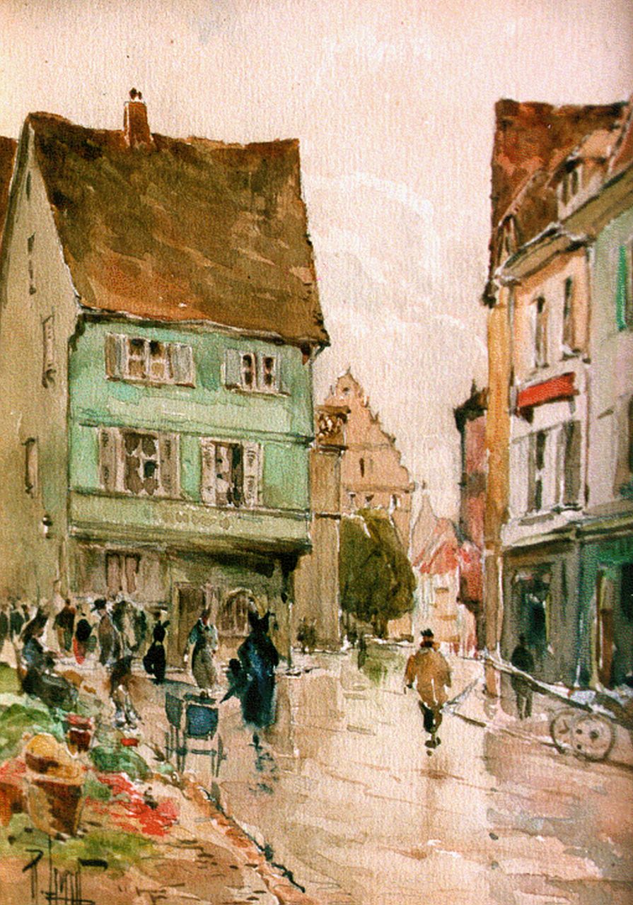 Leverd R. | René Leverd, Straatscene in Colmar, (Elzas), aquarel op papier 18,5 x 13,5 cm, gesigneerd linksonder Leverd R. | René Leverd, Straatscene in Colmar, (Elzas), aquarel op papier 18,5 x 13,5 cm, gesigneerd linksonder