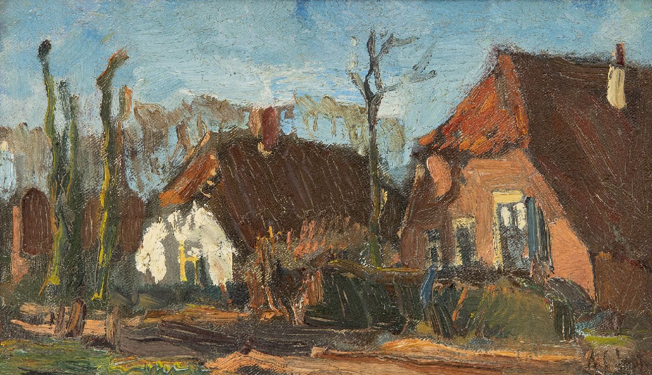 Arnout Colnot | Boerderijen aan een dorpsweg, olieverf op doek op paneel, 14,8 x 24,7 cm, gesigneerd r.o. Arnout Colnot | Boerderijen aan een dorpsweg, olieverf op doek op paneel, 14,8 x 24,7 cm, gesigneerd r.o.