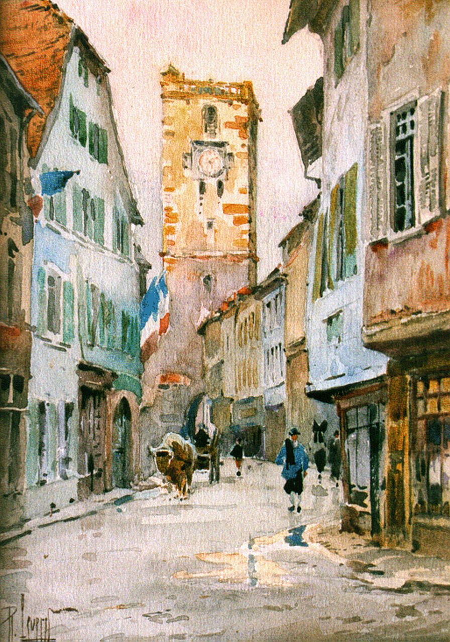 Leverd R.  | René Leverd, Straatscene met kerktoren in Ribeauville, gemengde techniek op papier 18,5 x 13,5 cm, gesigneerd linksonder