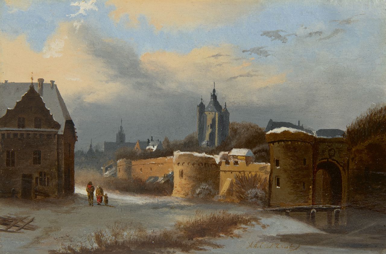 Zant A.A.C. van 't | Arnoldus Antonius Christianus van 't Zant | Schilderijen te koop aangeboden | Gezicht op een vestingstadje, olieverf op paneel 16,7 x 24,8 cm, gesigneerd rechtsonder