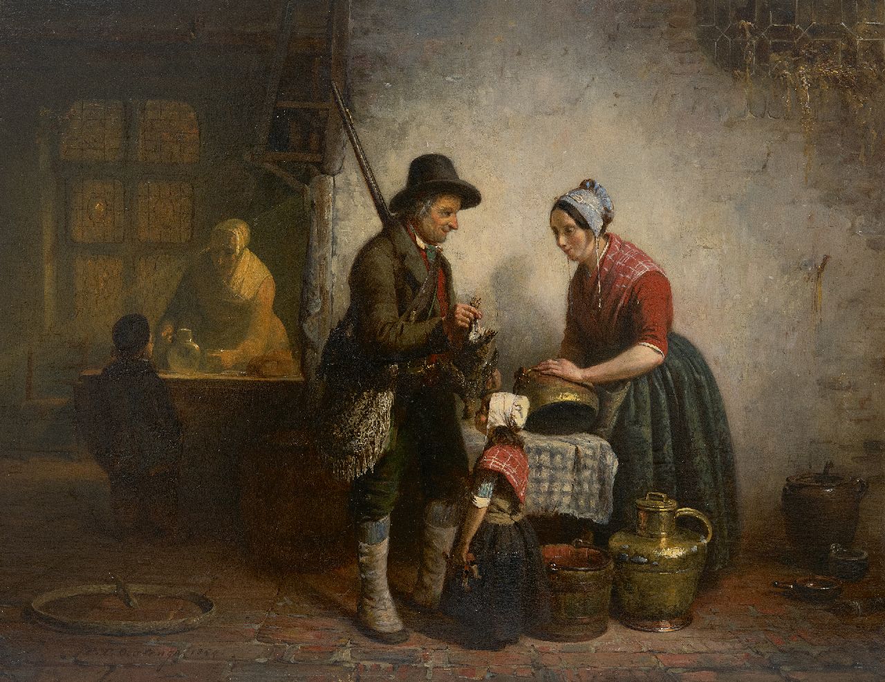 Oostenga T.T.  | Thomas Teekes Oostenga | Schilderijen te koop aangeboden | Thuiskomst van de jacht, olieverf op paneel 33,5 x 43,4 cm, gesigneerd linksonder en gedateerd 1854