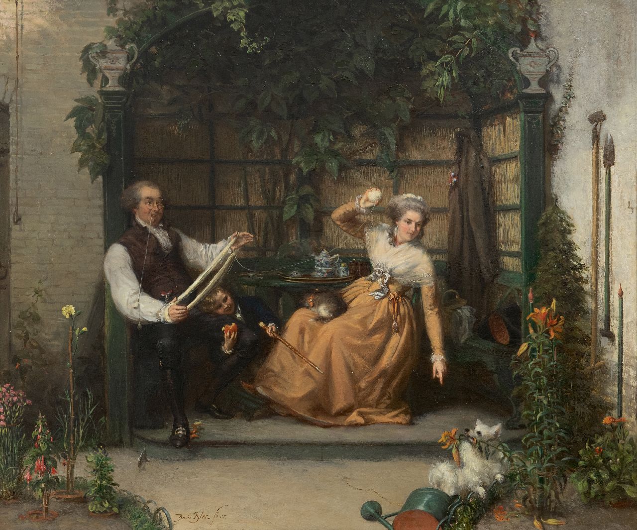 Bles D.J. | David Joseph Bles | Schilderijen te koop aangeboden | Het keeshondje; een Oranjegezinde familie in een tuinprieel, olieverf op paneel 37,0 x 43,9 cm, gesigneerd linksonder en gedateerd '55 Bles D.J. | David Joseph Bles | Schilderijen te koop aangeboden | Het keeshondje; een Oranjegezinde familie in een tuinprieel, olieverf op paneel 37,0 x 43,9 cm, gesigneerd linksonder en gedateerd '55