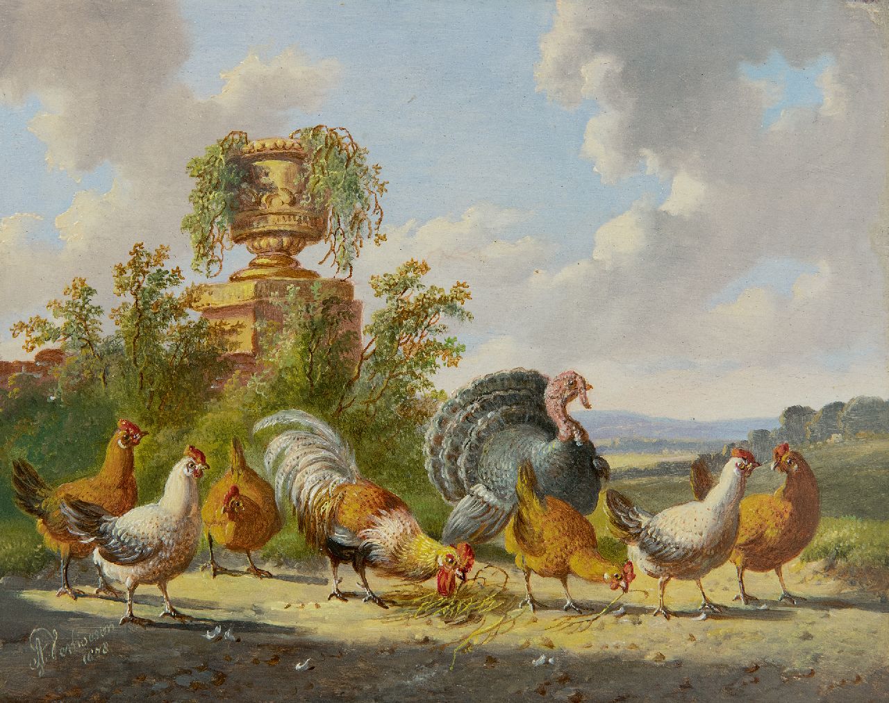 Verhoesen A. | Albertus Verhoesen | Schilderijen te koop aangeboden | Pluimvee in een weids landschap, olieverf op paneel 14,3 x 18,6 cm, gesigneerd linksonder en gedateerd 1878 Verhoesen A. | Albertus Verhoesen | Schilderijen te koop aangeboden | Pluimvee in een weids landschap, olieverf op paneel 14,3 x 18,6 cm, gesigneerd linksonder en gedateerd 1878