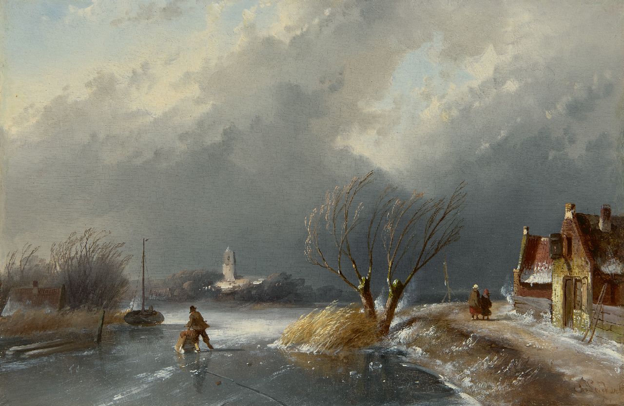 Leickert C.H.J.  | 'Charles' Henri Joseph Leickert | Schilderijen te koop aangeboden | Winterlandschap met naderende sneeuwstorm, olieverf op paneel 23,0 x 34,9 cm, gesigneerd rechtsonder