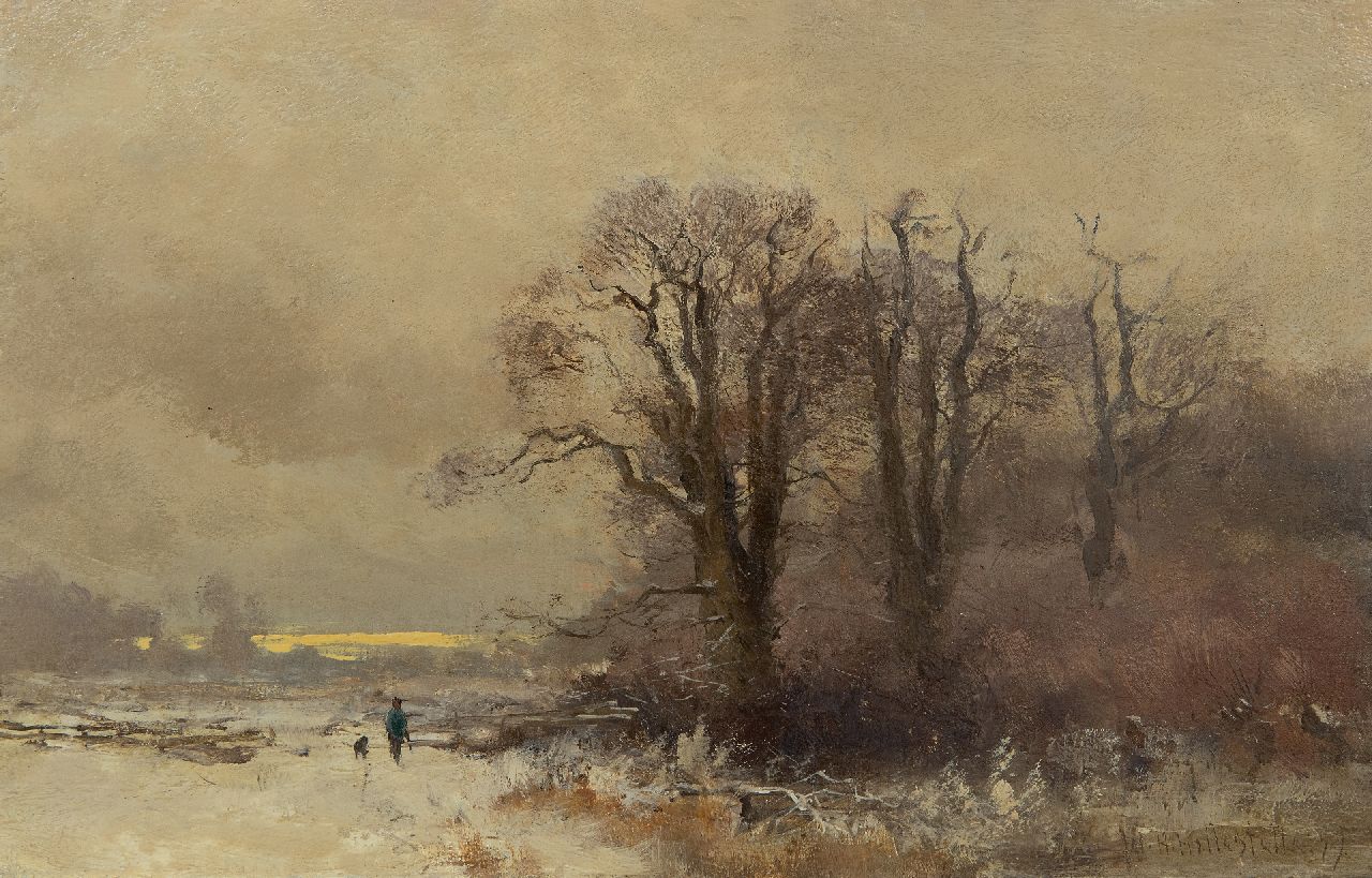 Hollestelle J.H.  | Jacob Huijbrecht Hollestelle, Jager en zijn hond in een sneeuwlandschap, olieverf op paneel 20,5 x 31,6 cm, gesigneerd rechtsonder en gedateerd '99