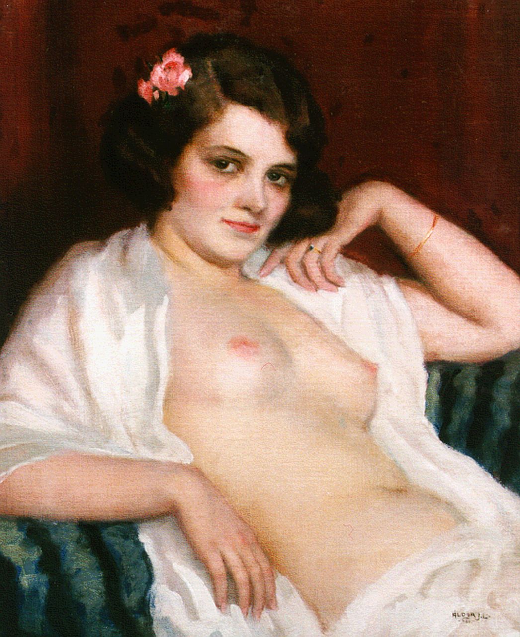 Aldor J.L. | János László Aldor, Het model van de artiest, olieverf op doek op schildersboard 48,5 x 39,8 cm, gesigneerd rechtsonder Aldor J.L. | János László Aldor, Het model van de artiest, olieverf op doek op schildersboard 48,5 x 39,8 cm, gesigneerd rechtsonder