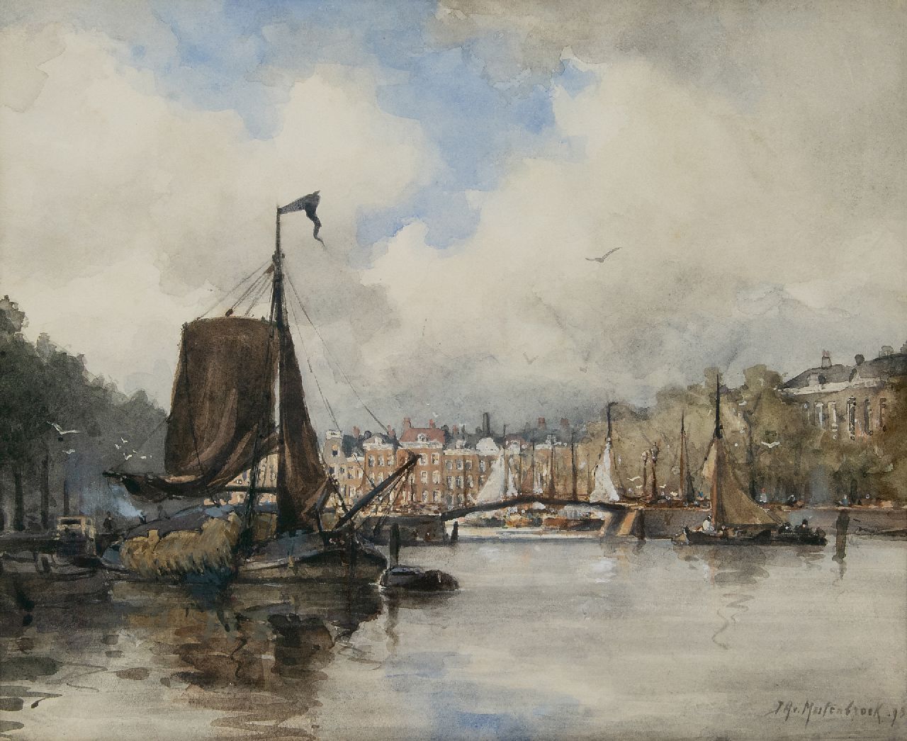 Mastenbroek J.H. van | Johan Hendrik van Mastenbroek | Aquarellen en tekeningen te koop aangeboden | Binnenhaven te Rotterdam, aquarel op papier 34,4 x 41,3 cm, gesigneerd rechtsonder en gedateerd '93