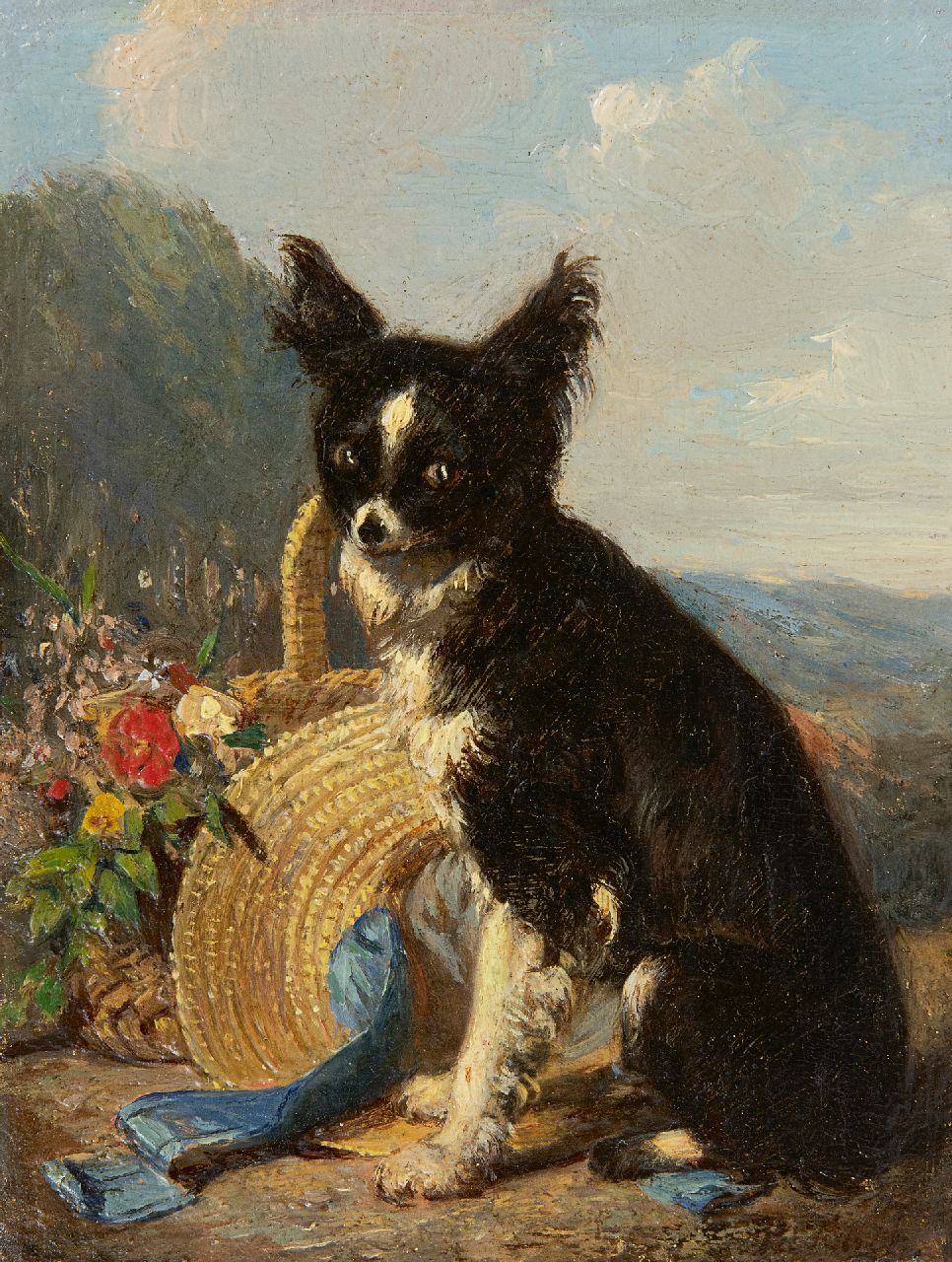 Ronner-Knip H.  | Henriette Ronner-Knip, Een trouwe bewaker, olieverf op paneel 13,8 x 10,5 cm, gesigneerd rechtsonder onduidelijk