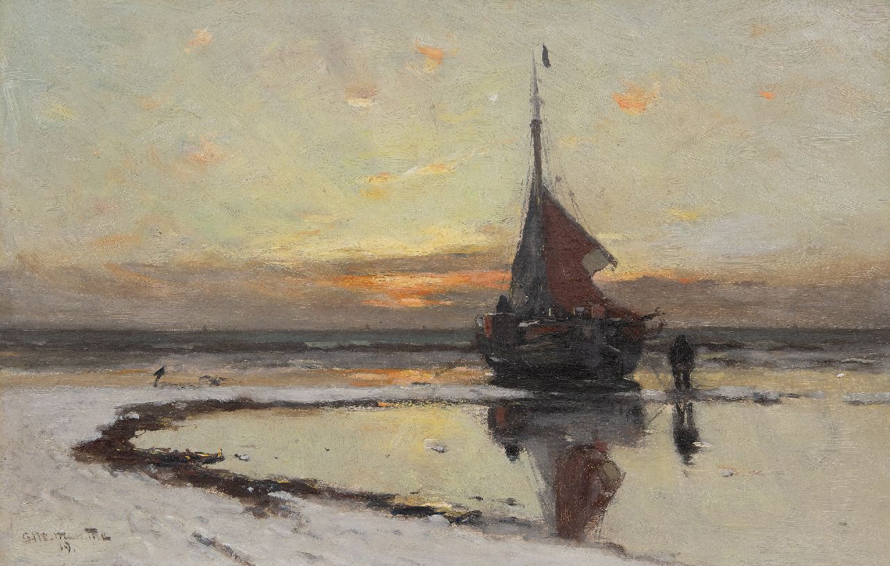 Munthe G.A.L. | Gerhard Arij Ludwig 'Morgenstjerne' Munthe, Avondstemming op het strand van Katwijk, olieverf op doek 40,3 x 63,2 cm, gesigneerd linksonder en gedateerd '19 Munthe G.A.L. | Gerhard Arij Ludwig 'Morgenstjerne' Munthe, Avondstemming op het strand van Katwijk, olieverf op doek 40,3 x 63,2 cm, gesigneerd linksonder en gedateerd '19