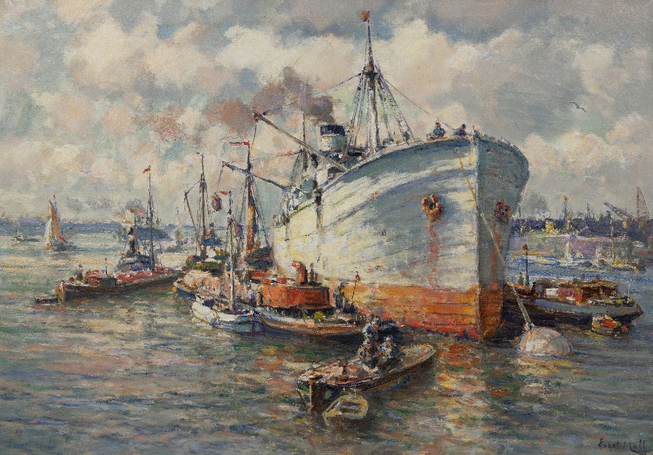 Moll E. | Evert Moll | Schilderijen te koop aangeboden | Bedrijvigheid in de haven, olieverf op doek 68,5 x 99,0 cm, gesigneerd rechtsonder Moll E. | Evert Moll | Schilderijen te koop aangeboden | Bedrijvigheid in de haven, olieverf op doek 68,5 x 99,0 cm, gesigneerd rechtsonder