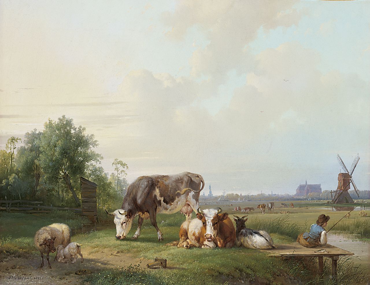 Plas P. | Pieter Plas, Rustend vee en hengelaar in een pastoraal landschap, Alkmaar in het verschiet, olieverf op doek 44,4 x 55,2 cm, gesigneerd linksonder en gedateerd 1842 Plas P. | Pieter Plas, Rustend vee en hengelaar in een pastoraal landschap, Alkmaar in het verschiet, olieverf op doek 44,4 x 55,2 cm, gesigneerd linksonder en gedateerd 1842