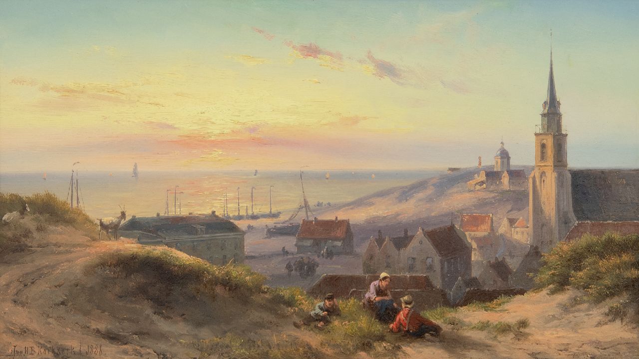 Koekkoek J.H.B. | Johannes Hermanus Barend 'Jan H.B.' Koekkoek, Zonsondergang aan het strand van Scheveningen met de Oude Kerk en de koepel van Faassen, olieverf op paneel 24,0 x 41,5 cm, gesigneerd linksonder en gedateerd 1888 VERKOCHT Koekkoek J.H.B. | Johannes Hermanus Barend 'Jan H.B.' Koekkoek, Zonsondergang aan het strand van Scheveningen met de Oude Kerk en de koepel van Faassen, olieverf op paneel 24,0 x 41,5 cm, gesigneerd linksonder en gedateerd 1888 VERKOCHT
