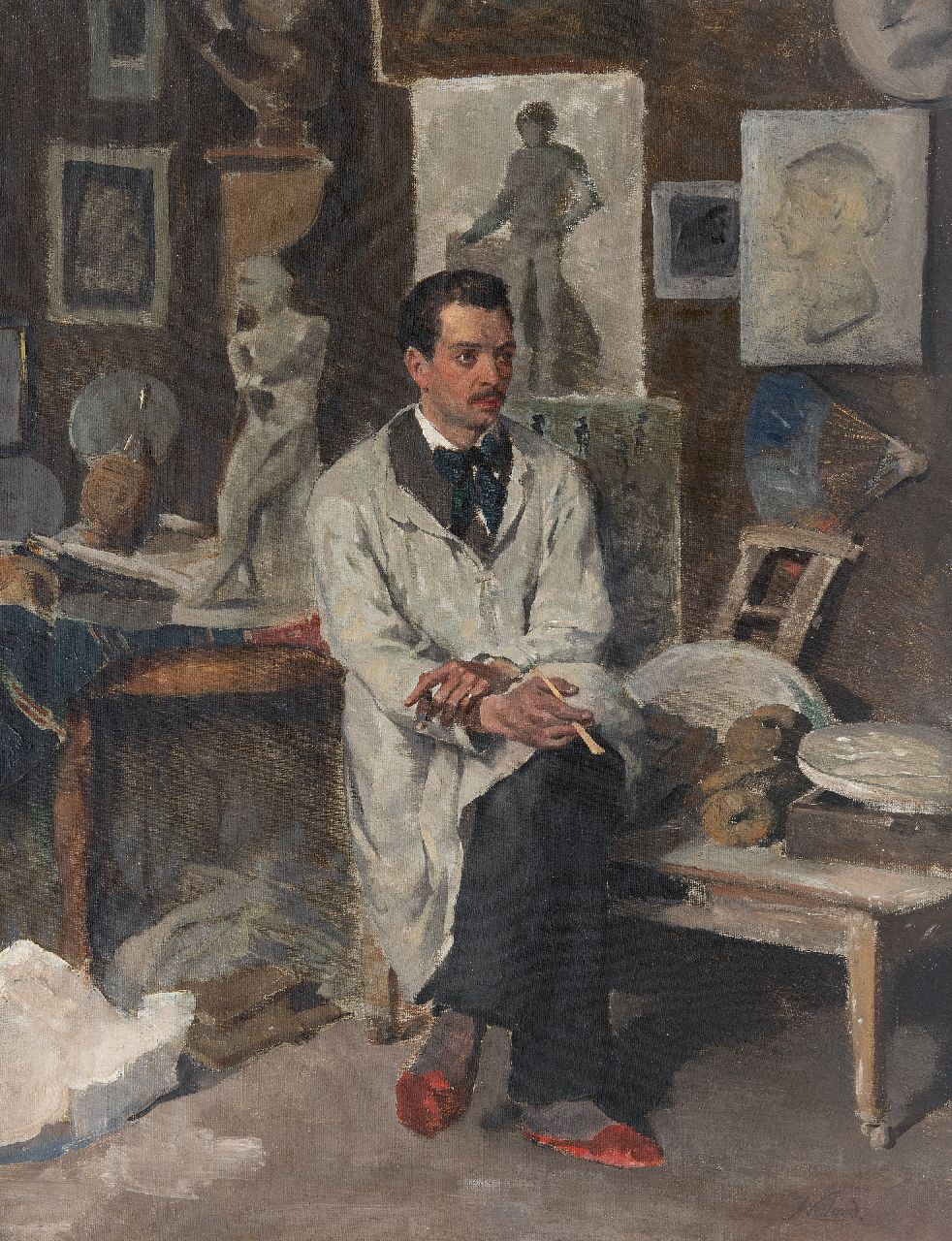 Weiland J. | Johannes Weiland, Kunstenaar in zijn atelier, olieverf op doek 49,2 x 37,7 cm, gesigneerd rechtsonder Weiland J. | Johannes Weiland, Kunstenaar in zijn atelier, olieverf op doek 49,2 x 37,7 cm, gesigneerd rechtsonder