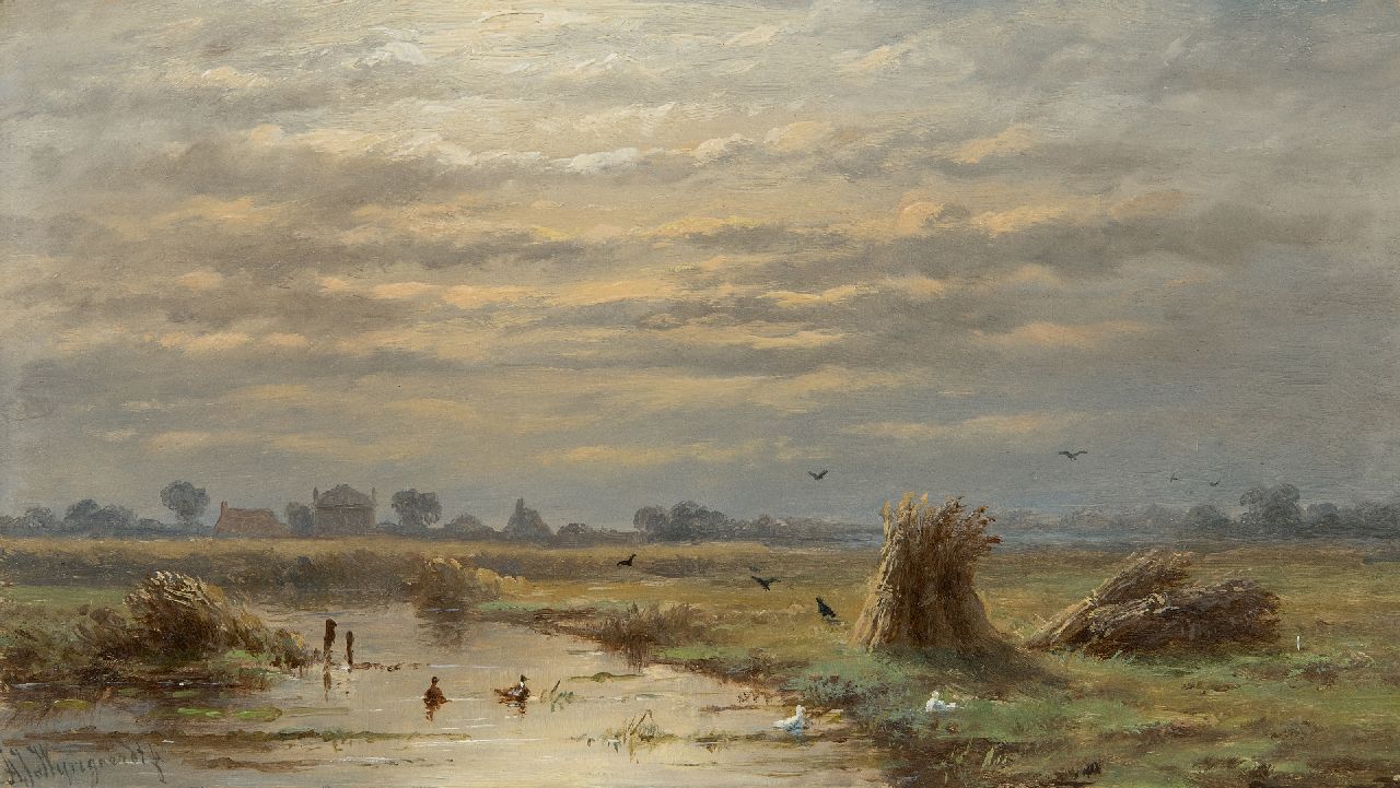 Wijngaerdt A.J. van | Anthonie Jacobus van Wijngaerdt, Polderlandschap, olieverf op paneel 16,4 x 29,1 cm, gesigneerd linksonder Wijngaerdt A.J. van | Anthonie Jacobus van Wijngaerdt, Polderlandschap, olieverf op paneel 16,4 x 29,1 cm, gesigneerd linksonder