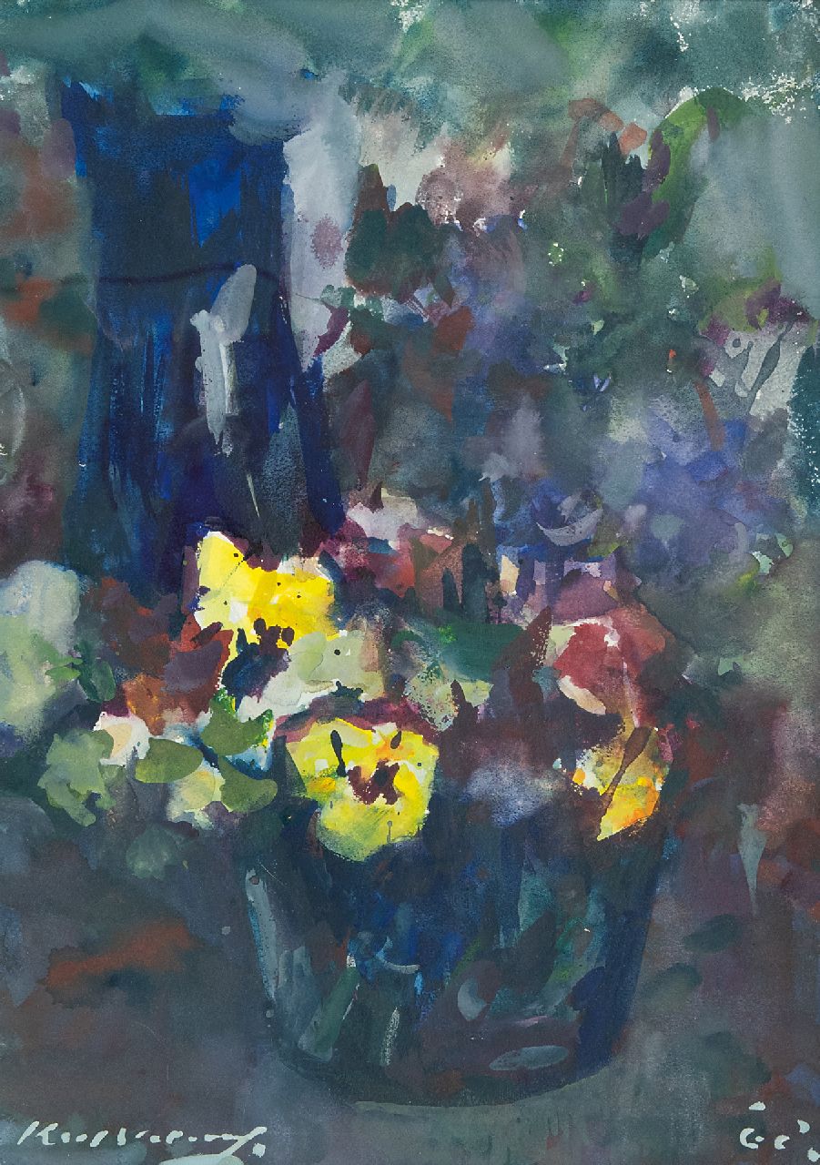 Verwey K.  | Kees Verwey | Aquarellen en tekeningen te koop aangeboden | Viooltjes in een pot, aquarel op papier 32,1 x 23,1 cm, gesigneerd linksonder en te dateren ca. '68