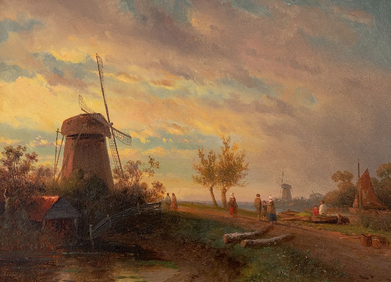 Vrolijk J.A.  | Jacobus 'Adriaan' Vrolijk | Schilderijen te koop aangeboden | Molens en figuren in een landschap, olieverf op paneel 24,0 x 30,5 cm, gesigneerd linksonder