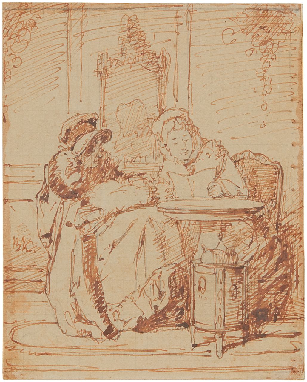 Bakker Korff A.H.  | Alexander Hugo Bakker Korff | Aquarellen en tekeningen te koop aangeboden | Het voorlezen van de brief, potlood, pen en inkt op papier 11,0 x 8,8 cm, gesigneerd links van het midden met monogram