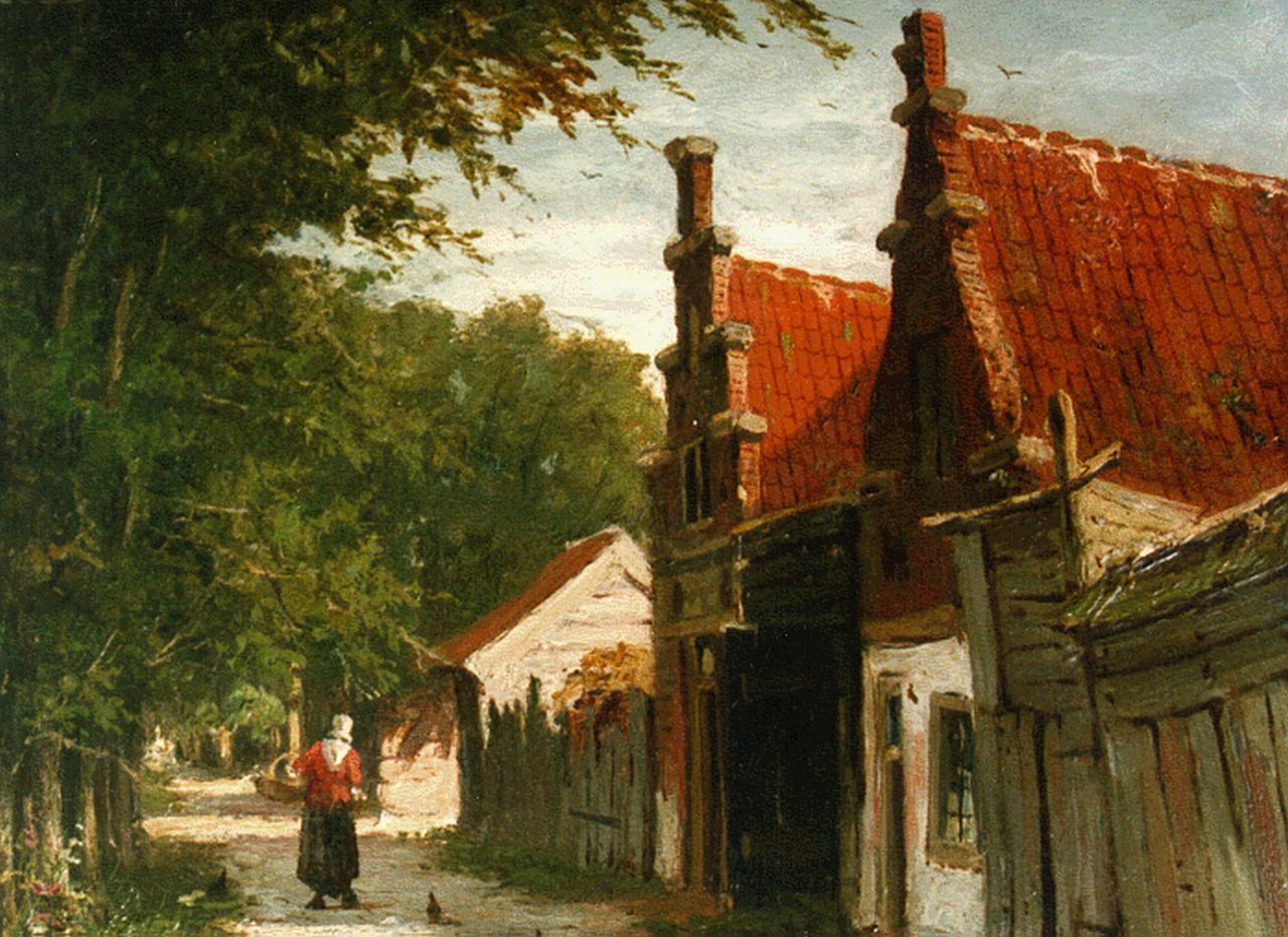 Mittertreiner J.J. | Johannes Jacobus Mittertreiner, Dorpsstraatje met vrouw, olieverf op paneel 15,2 x 19,0 cm, gesigneerd rechtsonder Mittertreiner J.J. | Johannes Jacobus Mittertreiner, Dorpsstraatje met vrouw, olieverf op paneel 15,2 x 19,0 cm, gesigneerd rechtsonder