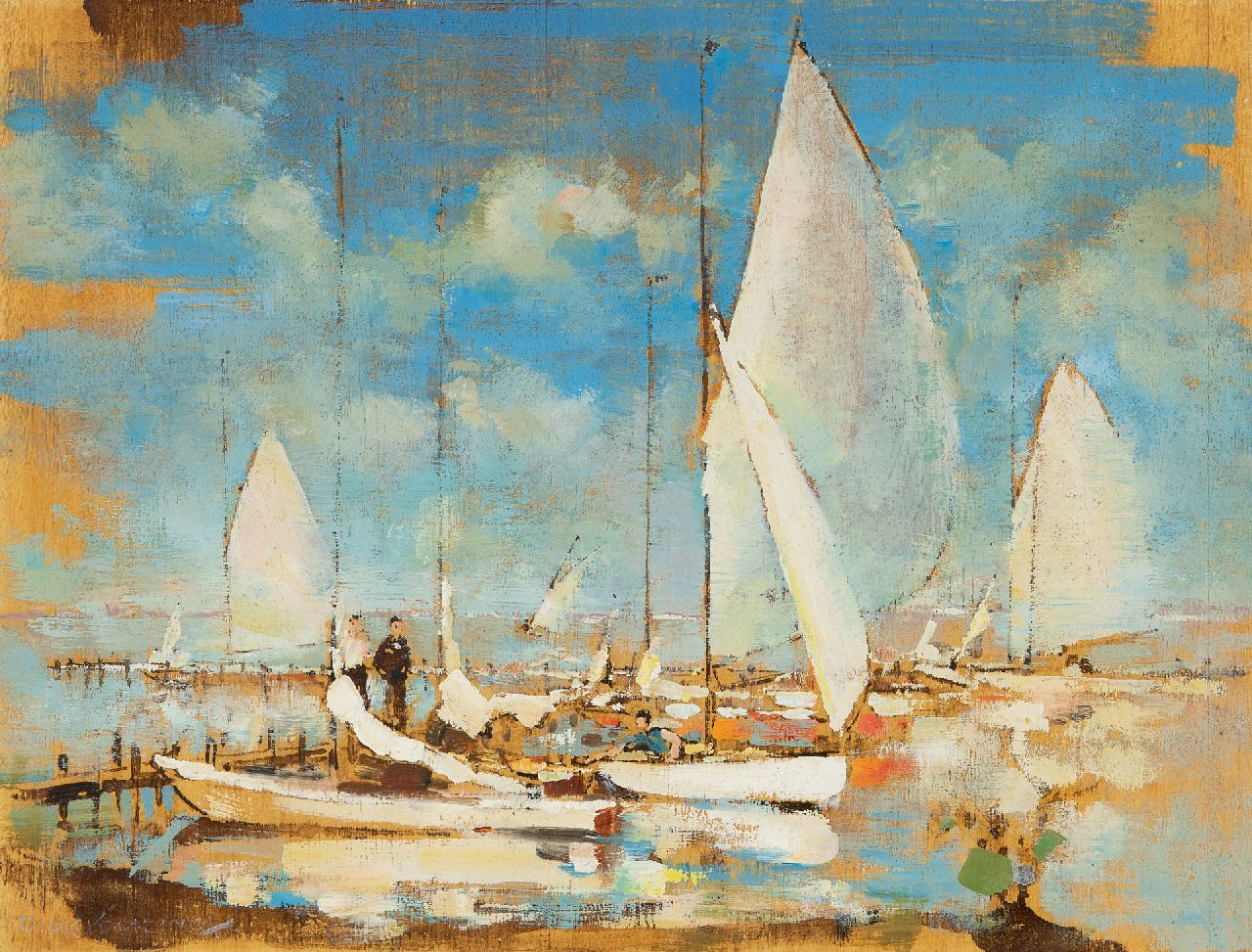 Kruizinga D. | Dirk Kruizinga, Zeilboten aan een steiger, olieverf op paneel 27,0 x 35,0 cm, gesigneerd linksonder Kruizinga D. | Dirk Kruizinga, Zeilboten aan een steiger, olieverf op paneel 27,0 x 35,0 cm, gesigneerd linksonder