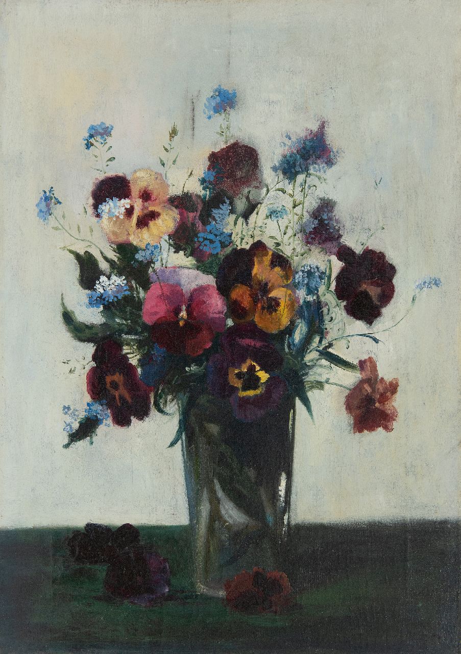 Koeman J.J. | Jacobus Jan 'Jac. J.' Koeman | Schilderijen te koop aangeboden | Violen en vergeet-me-nietjes in een glas, olieverf op doek 46,7 x 33,8 cm, gesigneerd rechtsonder en zonder lijst Koeman J.J. | Jacobus Jan 'Jac. J.' Koeman | Schilderijen te koop aangeboden | Violen en vergeet-me-nietjes in een glas, olieverf op doek 46,7 x 33,8 cm, gesigneerd rechtsonder en zonder lijst