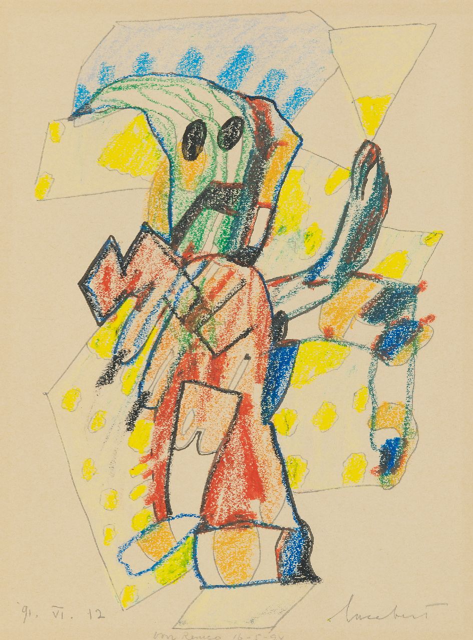 Lucebert (Lubertus Jacobus Swaanswijk)   | Lucebert (Lubertus Jacobus Swaanswijk) |  te koop aangeboden | Zonder titel, potlood, inkt en waskrijt op papier 32,2 x 23,7 cm, gesigneerd rechtsonder en gedateerd 91.VI.12