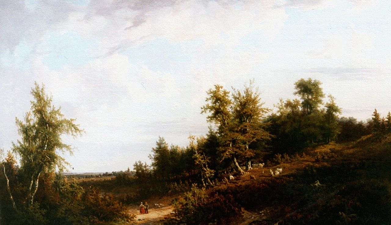 Munter D.H. | David Heinrich Munter, Figuren op pad in romantisch boslandschap, olieverf op paneel 55,0 x 77,5 cm, gesigneerd rechtsonder Munter D.H. | David Heinrich Munter, Figuren op pad in romantisch boslandschap, olieverf op paneel 55,0 x 77,5 cm, gesigneerd rechtsonder