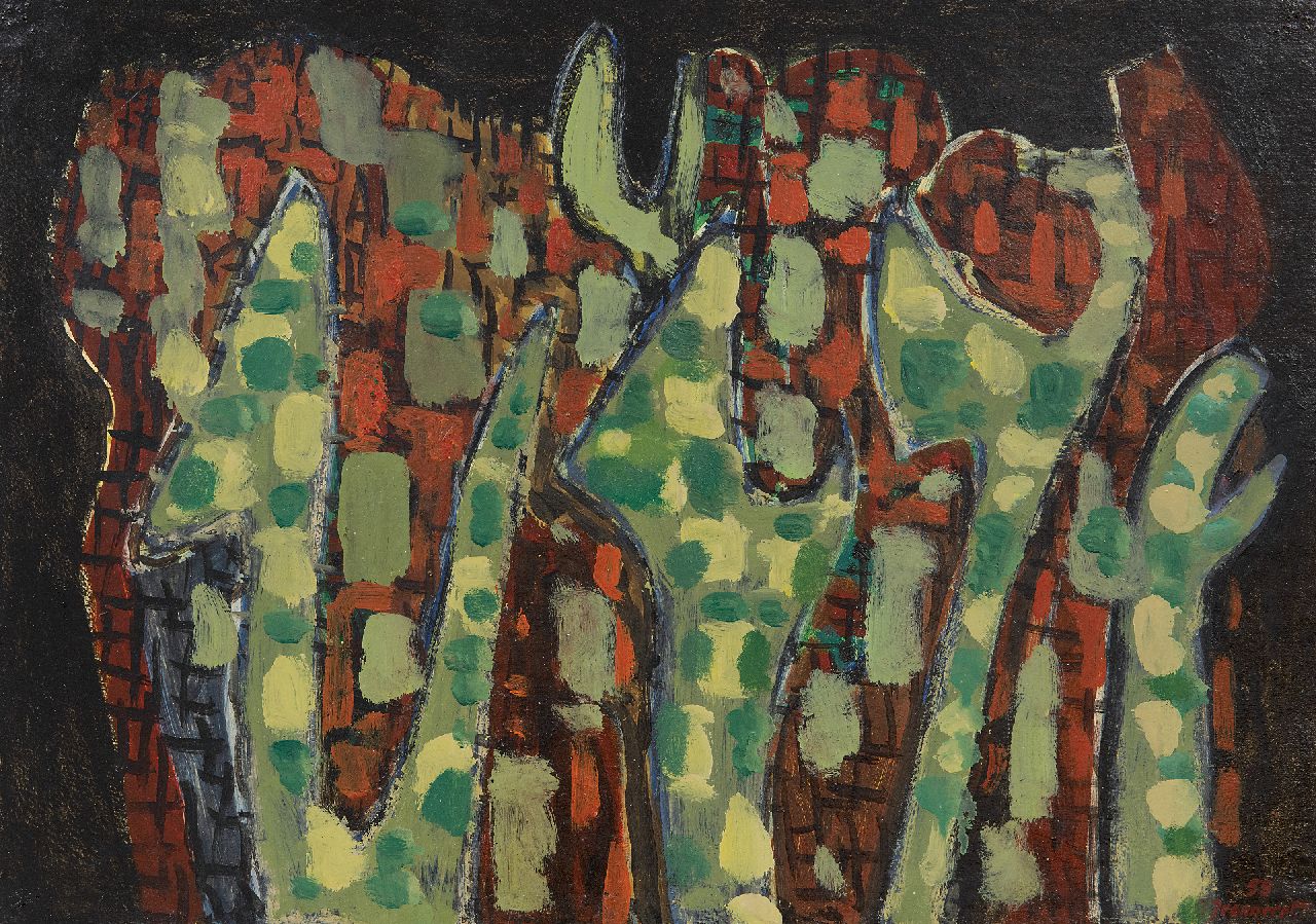 Blaise Jeanneret | Composition 1958, olieverf op papier op board, 38,0 x 53,0 cm, gesigneerd r.o. en gedateerd '58 Blaise Jeanneret | Composition 1958, olieverf op papier op board, 38,0 x 53,0 cm, gesigneerd r.o. en gedateerd '58