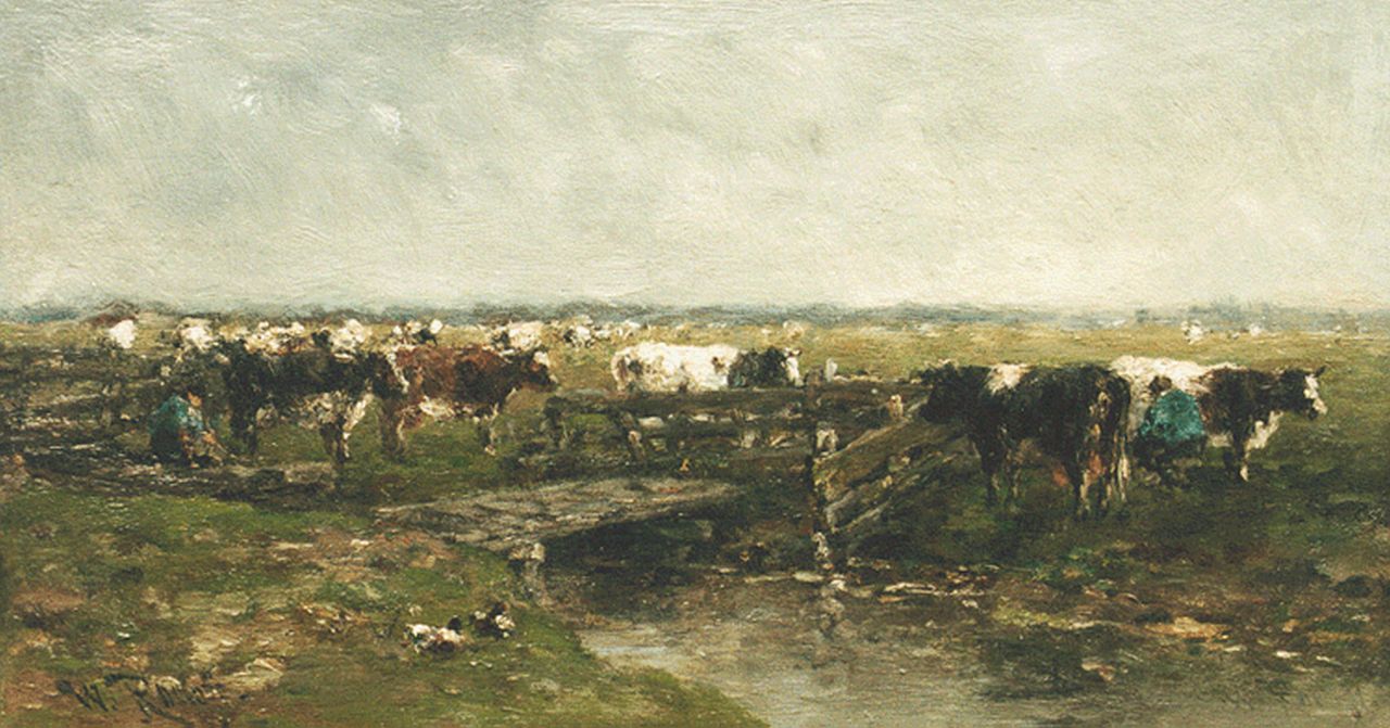 Roelofs W. | Willem Roelofs, Melkvee aan de sloot van Gouda, olieverf op paneel 22,5 x 41,2 cm, gesigneerd dubbel Roelofs W. | Willem Roelofs, Melkvee aan de sloot van Gouda, olieverf op paneel 22,5 x 41,2 cm, gesigneerd dubbel