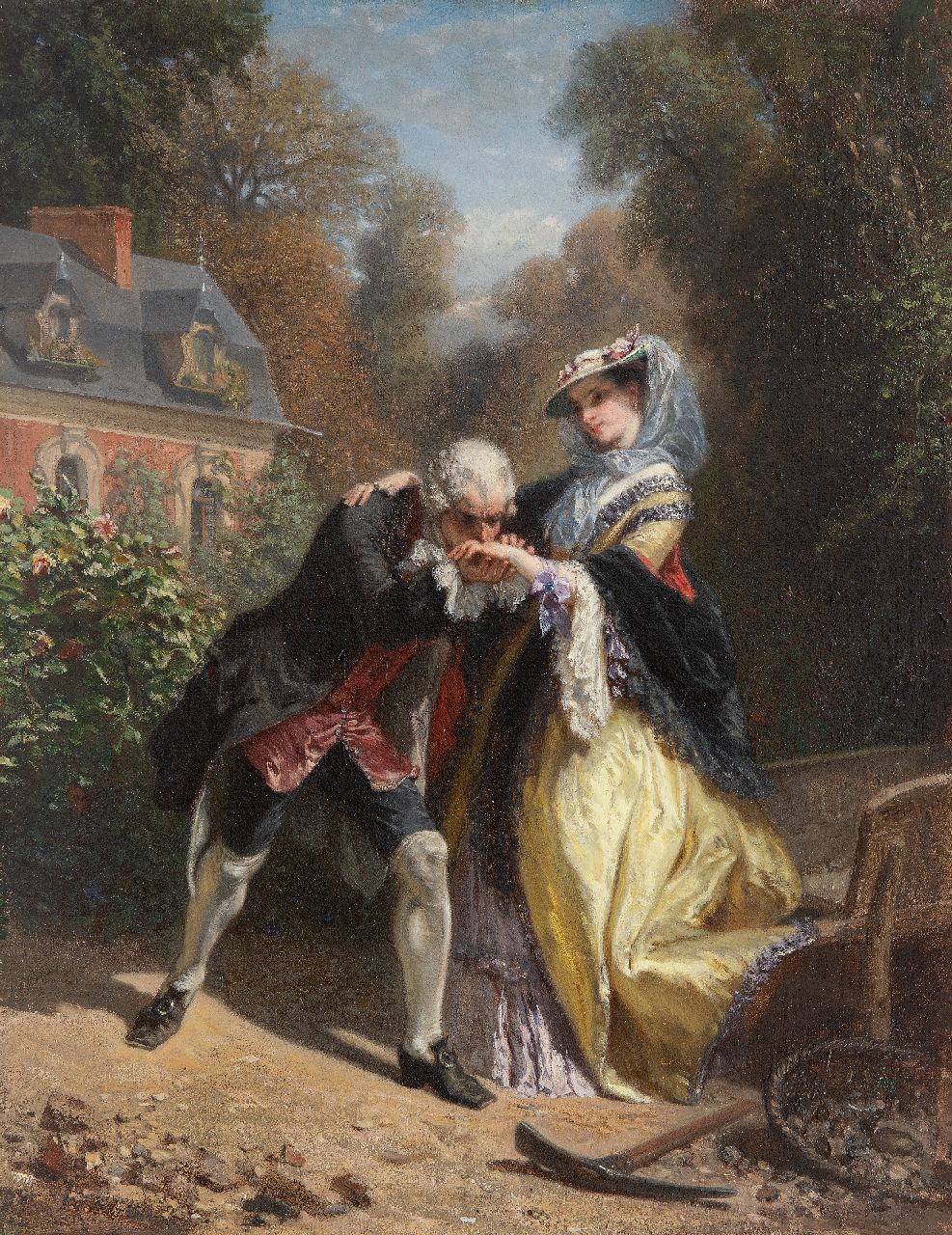 Baron H.C.A.  | 'Henri' Charles Antoine Baron, De handkus, olieverf op paneel 36,2 x 28,3 cm, gesigneerd rechts van het midden
