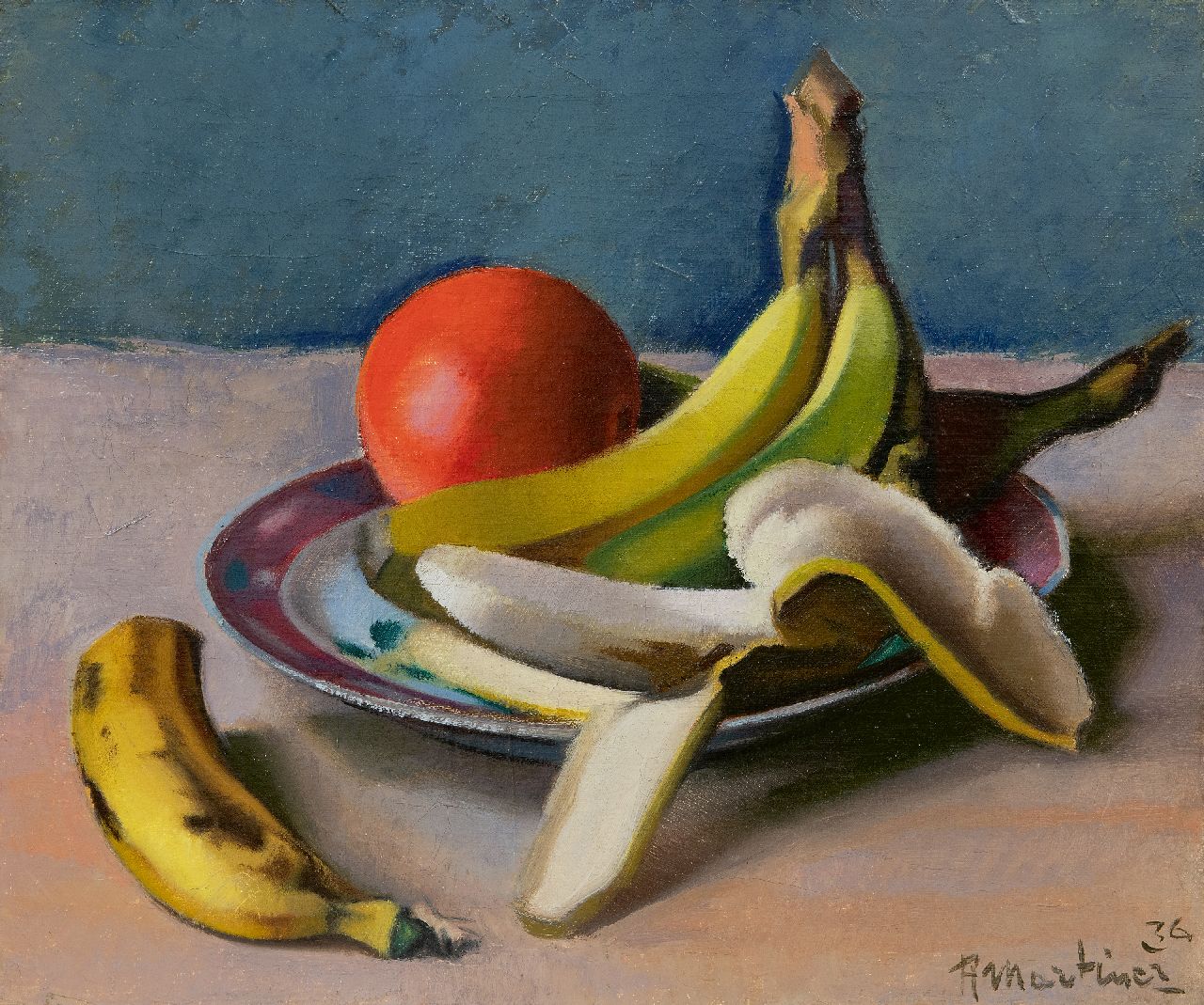 Martinez R. | Raoul Martinez | Schilderijen te koop aangeboden | Stilleven met bananen en sinaasappel, olieverf op doek 35,3 x 42,3 cm, gesigneerd rechtsonder en gedateerd '36 Martinez R. | Raoul Martinez | Schilderijen te koop aangeboden | Stilleven met bananen en sinaasappel, olieverf op doek 35,3 x 42,3 cm, gesigneerd rechtsonder en gedateerd '36
