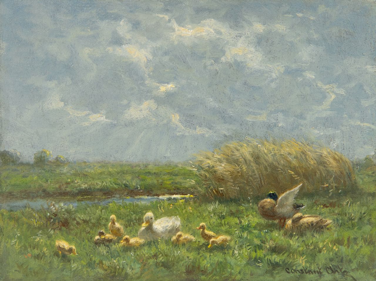 Artz C.D.L.  | 'Constant' David Ludovic Artz | Schilderijen te koop aangeboden | Eendenfamilie in een polderlandschap, olieverf op paneel 18,1 x 24,1 cm, gesigneerd rechtsonder