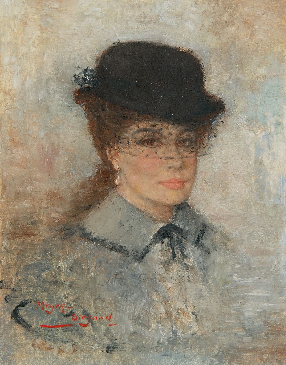 Meyer-Wiegand R.D. | Rolf Dieter Meyer-Wiegand, Vrouw met hoedje met voile, olieverf op paneel 18,0 x 14,1 cm, gesigneerd linksonder Meyer-Wiegand R.D. | Rolf Dieter Meyer-Wiegand, Vrouw met hoedje met voile, olieverf op paneel 18,0 x 14,1 cm, gesigneerd linksonder