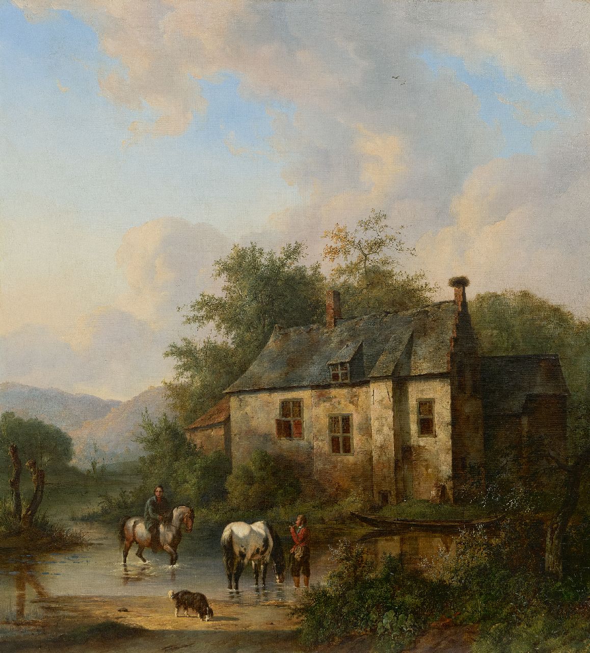 Verschuur W.  | Wouterus Verschuur, Gezicht op de Leenkamer van Kasteel Stapelen te Boxtel met hond, paarden en ruiters, olieverf op doek 70,5 x 63,7 cm, gesigneerd linksonder