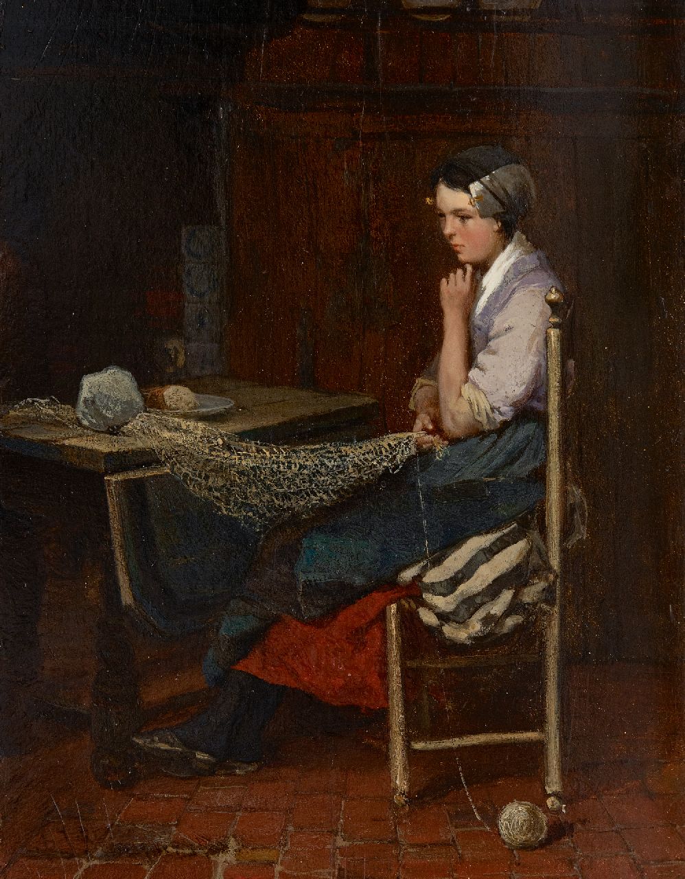 Blommers B.J.  | Bernardus Johannes 'Bernard' Blommers | Schilderijen te koop aangeboden | In gedachten verzonken, olieverf op paneel 24,2 x 19,2 cm, gesigneerd linksonder