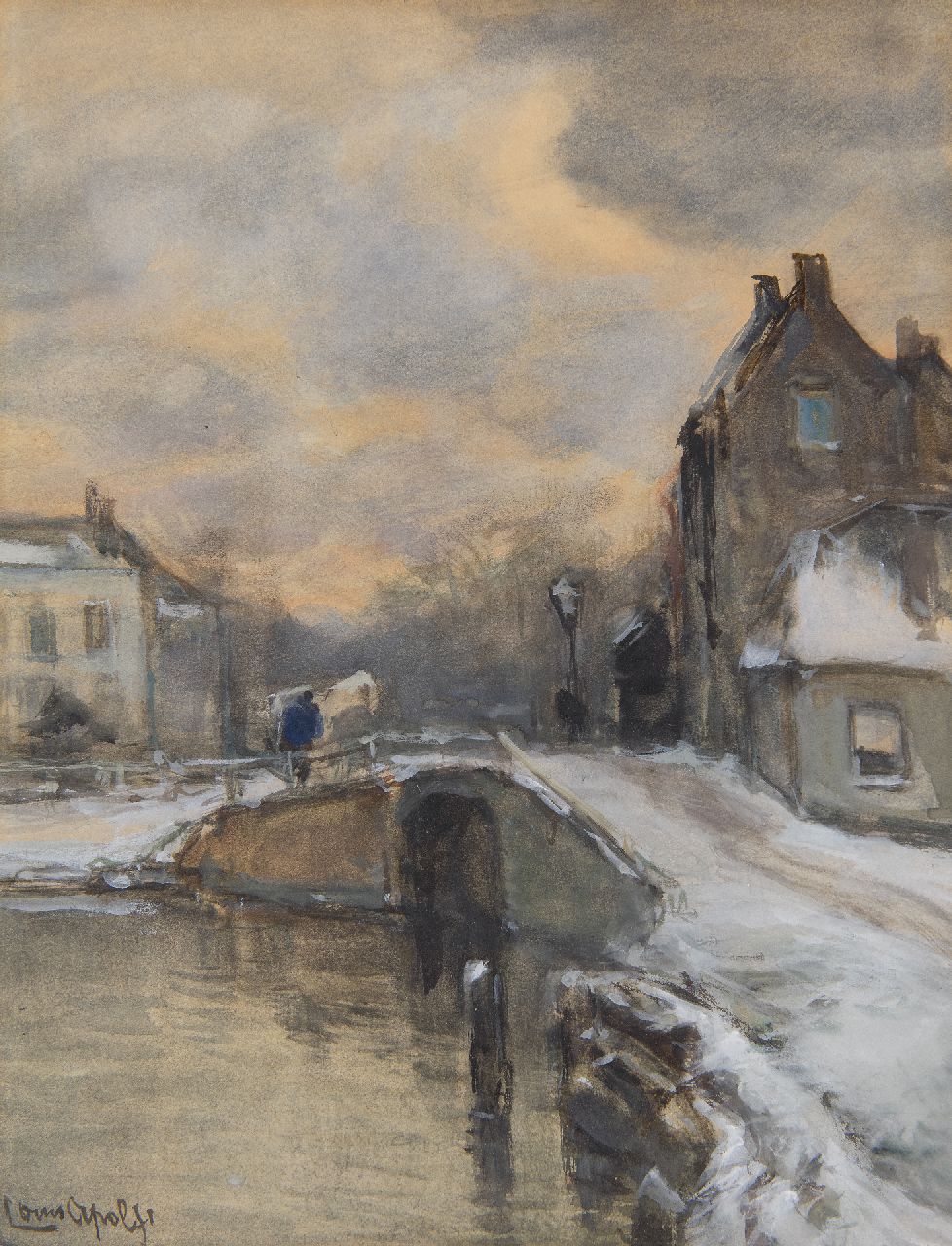 Apol L.F.H.  | Lodewijk Franciscus Hendrik 'Louis' Apol | Aquarellen en tekeningen te koop aangeboden | Winters dorpsgrachtje in de sneeuw, aquarel op papier op board 28,7 x 22,1 cm, gesigneerd linksonder