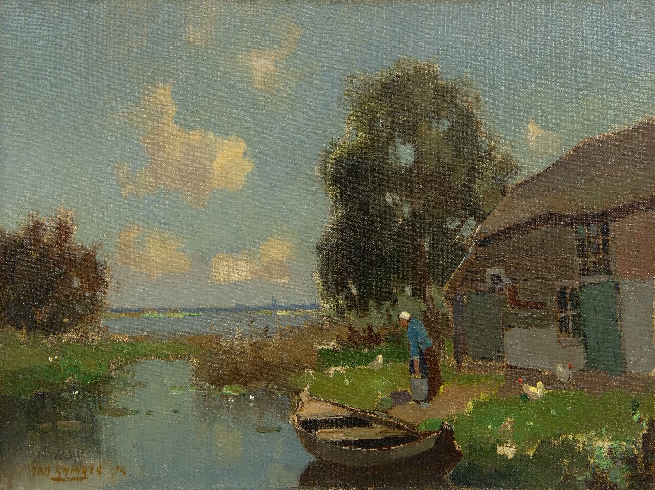 Knikker jr. J.S.  | 'Jan' Simon  Knikker jr. | Schilderijen te koop aangeboden | Boerenerf aan een veenplas, olieverf op doek 30,5 x 40,4 cm, gesigneerd linksonder en gedateerd '75