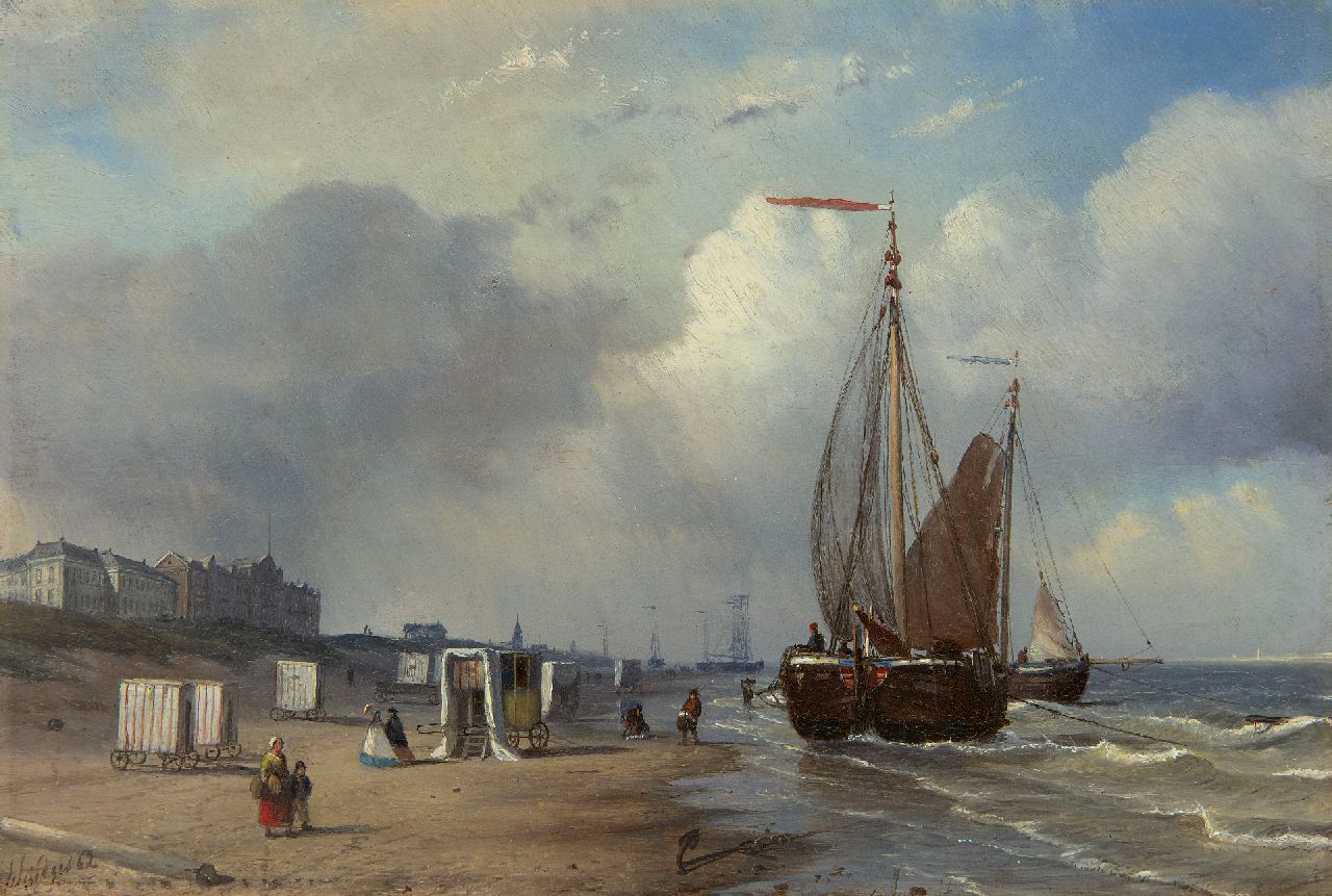 Schiedges P.P.  | Petrus Paulus Schiedges | Schilderijen te koop aangeboden | Het strand van Scheveningen met badkoetsen, vissersvolk en bomschuiten, olieverf op paneel 23,5 x 34,4 cm, gesigneerd linksonder en gedateerd '62