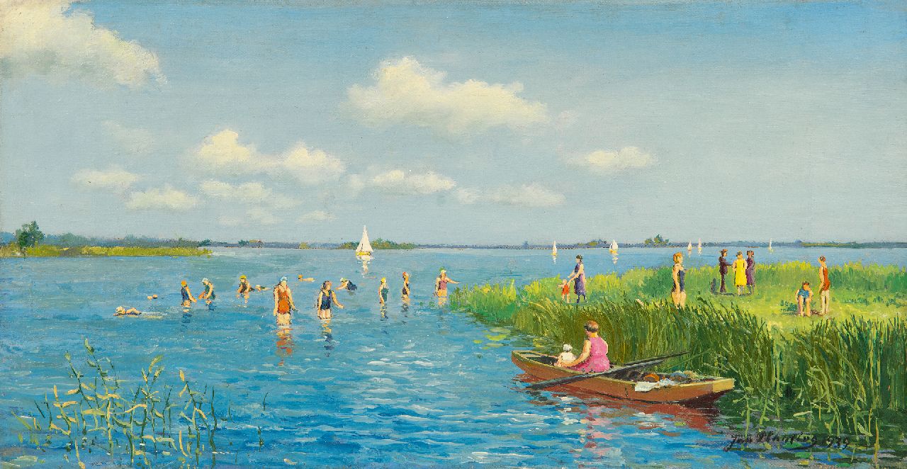 Planting J.  | Jan Planting, Zomers zwemplezier bij De Leien in Friesland, olieverf op doek 19,6 x 37,1 cm, gesigneerd rechtsonder en gedateerd 1939