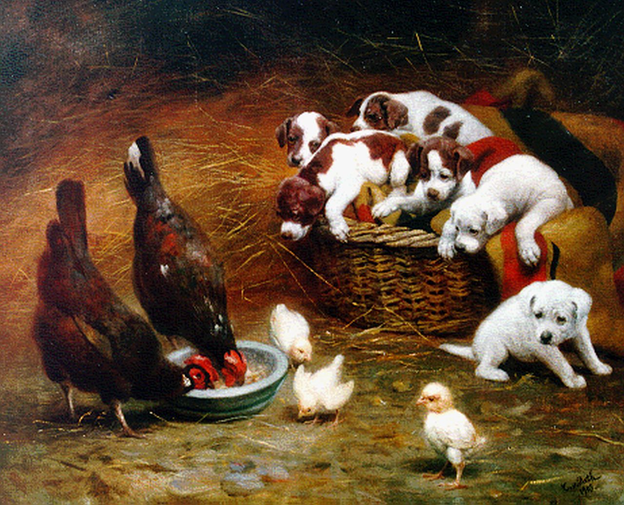 Reth C. von | Caspar von Reth, Kameraadjes in de schuur, olieverf op doek 59,4 x 74,5 cm, gesigneerd rechtsonder en gedateerd 1909