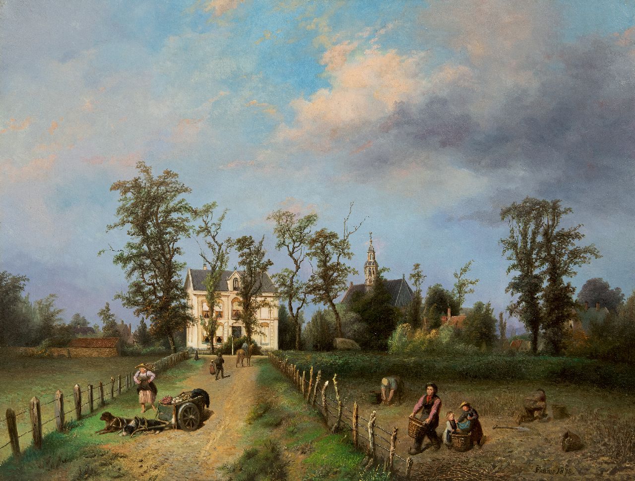 Fabius J.  | Jan Fabius, Gezicht op de Achterweg te Heemstede met de nieuwe pastorie en de Oude Kerk, olieverf op doek op board 49,4 x 64,4 cm, gesigneerd rechtsonder en gedateerd 1875