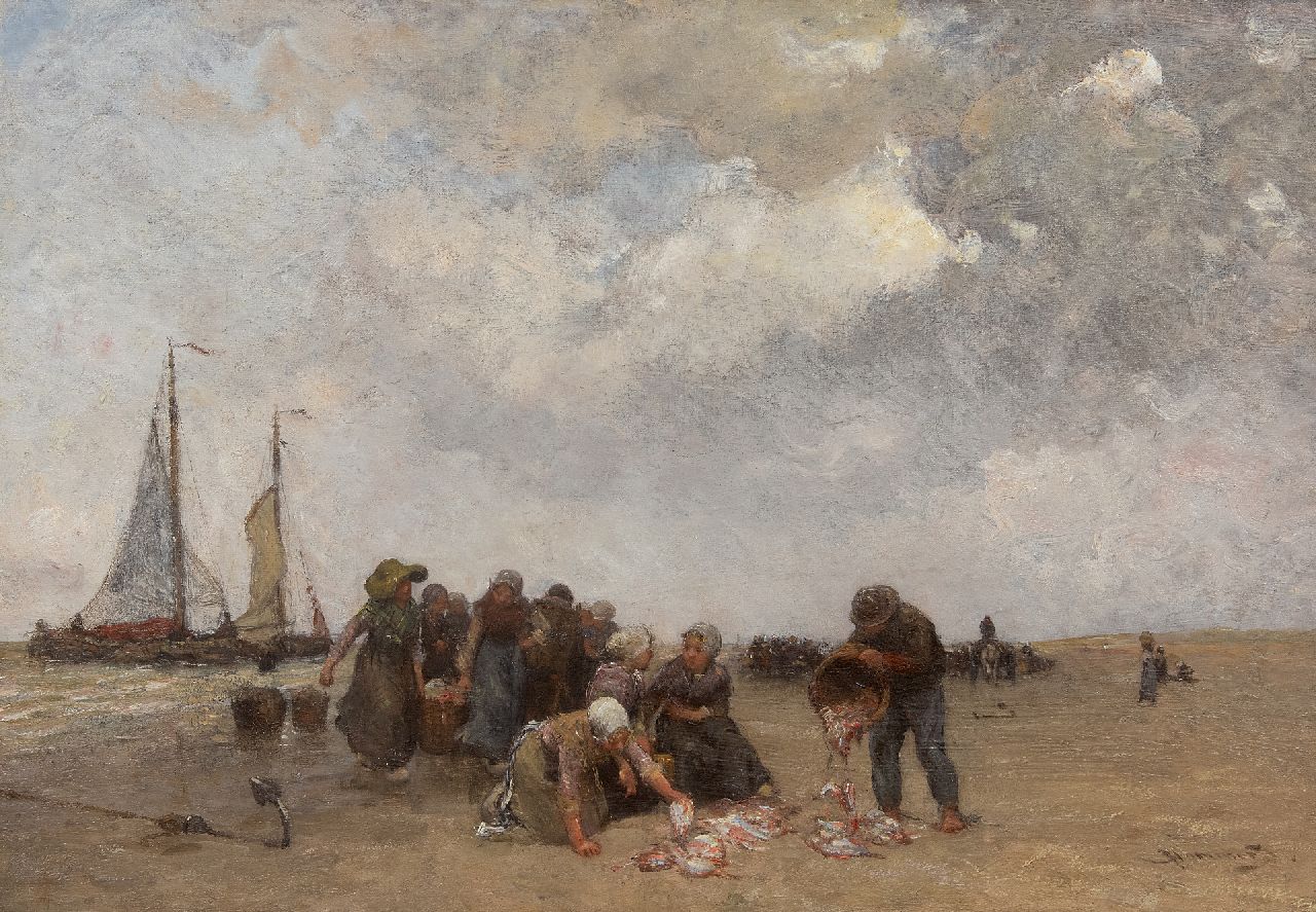 Blommers B.J.  | Bernardus Johannes 'Bernard' Blommers, Visverkoop op het strand van Scheveningen, olieverf op doek 39,5 x 58,0 cm, gesigneerd rechtsonder