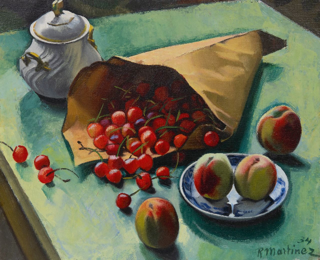 Martinez R. | Raoul Martinez | Schilderijen te koop aangeboden | Stilleven met een zak kersen en perziken, olieverf op doek 45,2 x 55,3 cm, gesigneerd rechtsonder en gedateerd '34, zonder lijst Martinez R. | Raoul Martinez | Schilderijen te koop aangeboden | Stilleven met een zak kersen en perziken, olieverf op doek 45,2 x 55,3 cm, gesigneerd rechtsonder en gedateerd '34, zonder lijst