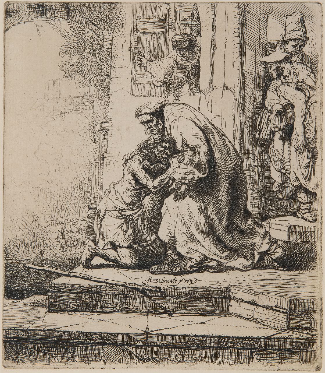 Rembrandt (Rembrandt Harmensz. van Rijn)   | Rembrandt (Rembrandt Harmensz. van Rijn), De terugkeer van de verloren zoon, ets 15,6 x 13,6 cm, gesigneerd middenonder (in de plaat) en gedateerd 1636 (in de plaat)